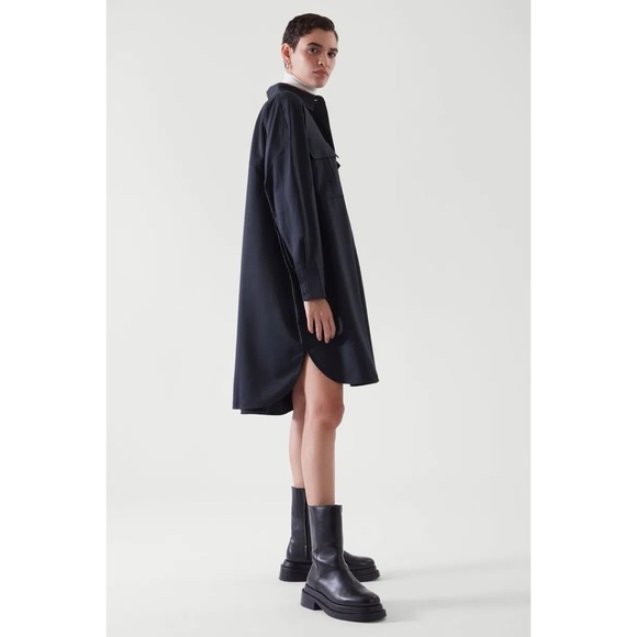 COS Utility Wool Blend Mini Shirt Dress‎ in Dark Navy - Picture 3 of 12